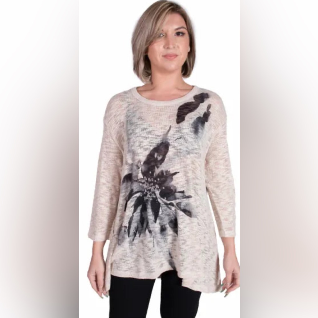 Jess & Jane Splash Floral V-Neck Art To Wear Tunic Top Green Size Large